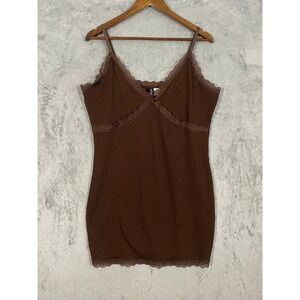 H&M Divided Cami Dress Sz XL Earthy Brown Lace‎ Trim Ribbed Knit Bodycon Slip